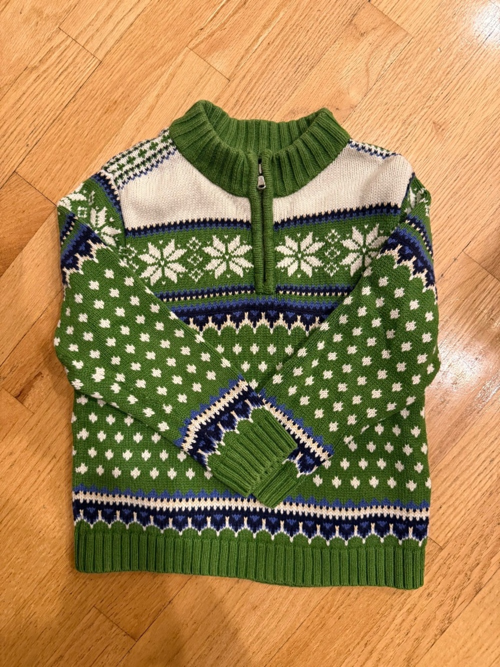 Landsend Boys 5/6 Quarter Zip Green Snowflake Faire Isle Sweater